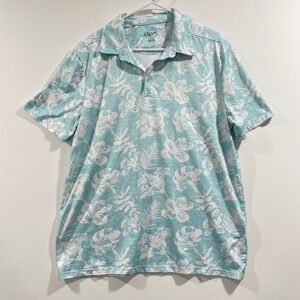 Chaps Golf Mens Large Blue White Tropical Hibiscus Floral Performance Polo Shirt